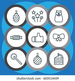 Set Of 9 Happy New Year Icons. Includes Christmas Ball, Festive Fireworks, Sparkles And Other Symbols. Beautiful Design Elements.