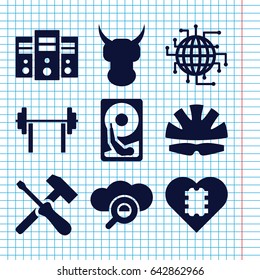 Set of 9 hard filled icons such as helmet, hard disc, cpu in heart, cpu planet, search cloud, server, screwdriver