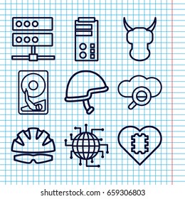Set of 9 hard outline icons such as helmet, hard disc, cpu in heart, cpu planet, server