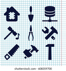 Set of 9 hardware filled icons such as hammer, saw, hummer and wrench, pliers, hummer, trowel, CPU in house