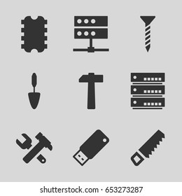 Set of 9 hardware filled icons such as saw, screw, hummer and wrench
