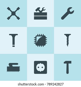 Set of 9 hardware filled icons such as wrench, work tool, chip tuning, wheel wrench, screw, hammer, trowel