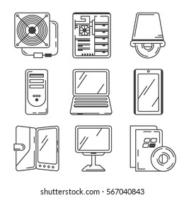 Set of 9 Hardware Icons, includes elements such as Power supply, Computer case, eBook etc. Can be used for Web, Mobile, UI and Infographic design