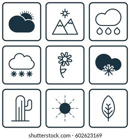 Set Of 9 Harmony Icons. Includes Snowstorm, Tree Leaf, Cactus And Other Symbols. Beautiful Design Elements.