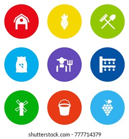 Set Of 9 Harvest Icons Set.Collection Of Rake, Windmill, Storehouse And Other Elements.