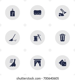 Set Of 9 Harvesting Icons Set.Collection Of Curtain, Cushion, Broom And Other Elements.