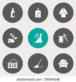 Set Of 9 Harvesting Icons Set.Collection Of Washhouse, Clothes, Besom And Other Elements.