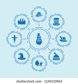 Set of 9 hat filled icons such as scarecrow, garden cleaner, work helmet, witch hat, snowman