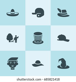 Set of 9 hat filled icons such as garden cleaner, boy, witch hat