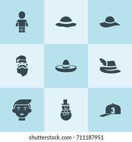 Set of 9 hat filled icons such as boy, snowman, beach hat, santa claus