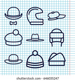 Set of 9 hat outline icons such as woman hat, baseball cap