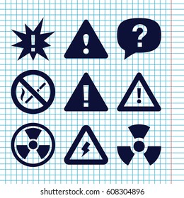 Set of 9 hazard filled icons such as warning, voltage warning, no smoking, radiation