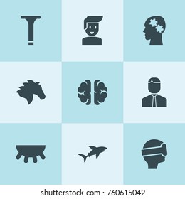 Set of 9 head filled icons such as horse, udder, screw, businessman, vr, gear brain, boy, brain