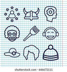 Set of 9 head outline icons such as woman hairstyle, hat, coloring brush, winter hat, gear in head, helmet, emoji, user surrounded by stars