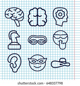 Set of 9 head outline icons such as ear, woman hat, gear in head, brain, emoji in mask, cool emot, swimming glasses