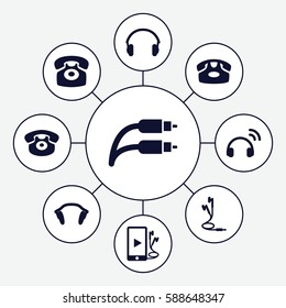 Set of 9 headphone filled icons such as desk phone, phone and earphones, earphones, earphone wire