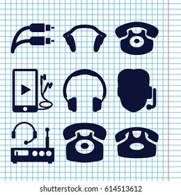 Set of 9 headphone filled icons such as desk phone, phone and earphones, earphones, earphone wire, listening device, headphones