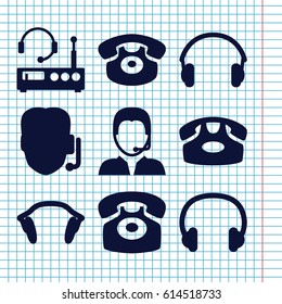 Set of 9 headphone filled icons such as desk phone, earphones, support, headset