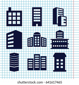 Set of 9 headquarters filled icons such as building, business centre