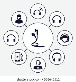 Set of 9 headset filled icons such as customer support, headset, operator, phone and earphones, earphones, help support
