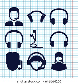 Set of 9 headset filled icons such as customer support, headset, operator, earphones, support