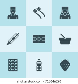 Set of 9 health filled icons such as strawberry, toothbrush, shopping bucket, thermometer, doctor, nurse, medicine pills, bottle