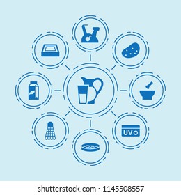 Set of 9 healthy filled icons such as potato, swimming pool, milk, pill, mortar, shuttlecock, exercise bike