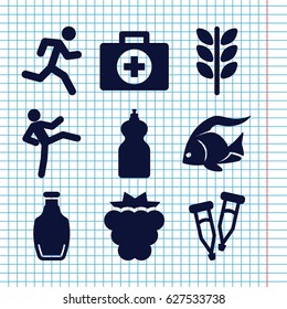 Set of 9 healthy filled icons such as mulberry, fish, cleanser, pipette, bottle, wheat, running man, man doing exercises