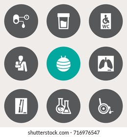 Set Of 9 Healthy Icons Set.Collection Of Flask, Wheelchair Toilet, Lung And Other Elements.