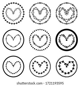Set of 9 Heart Circles,Vector design elements for texture background, grunge frame circular,web site template, business diagram, dark label.