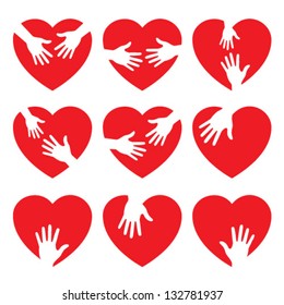 Set of 9 heart icon with caring hands, vector illustration