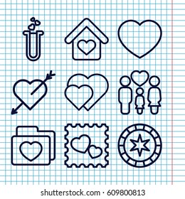 Set of 9 heart outline icons such as family, photo with heart, folder with heart, love home
