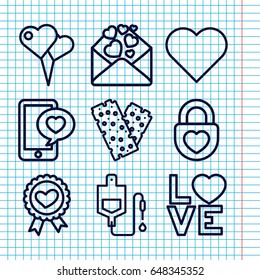 Set of 9 heart outline icons such as drop counter, bandage, heart ribbon, love word