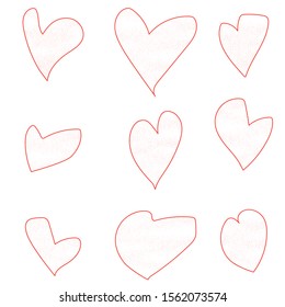 Set of 9 hearts drawn in hand red with decoration inside isolated on white background vector