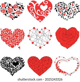 Set of 9 hearts, isolated on white background