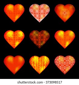 Set of 9 hearts. Valentines Day. Graphic floral pattern. Shades of red and yellow