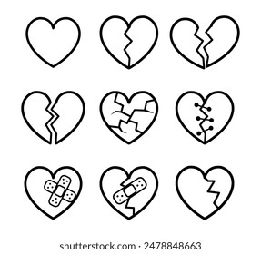 A set of 9 heart-shaped icons featuring broken, damaged, cracked and healing hearts