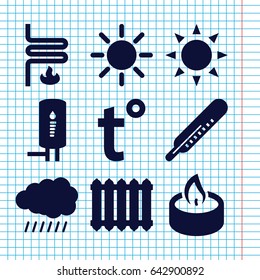Set of 9 heat filled icons such as sun, thermometer, candle, geyser, heating system, radiator