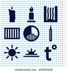 Set of 9 heat filled icons such as candle, sun rise, thermometer, brightness, radiator, temperature, sun