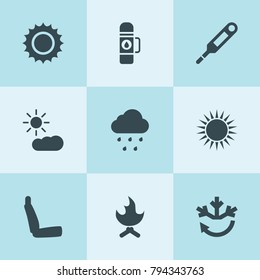 Set of 9 heat filled icons such as chair, air conditioning, electronic thermometer, sun, sun cloud, fire, thermos