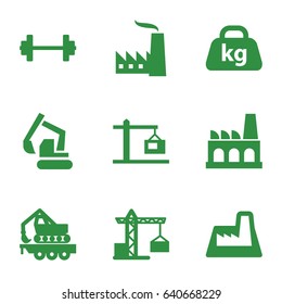 set of 9 heavy filled icons such as construction crane, excavator, cargo crane, weight, factory, construction  crane