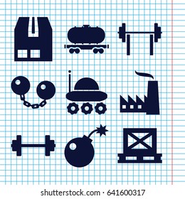 Set of 9 heavy filled icons such as cargo on palette, cargo container, cargo wagon, factory, bomb, ball chain, tractor