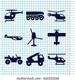 Set of 9 helicopter filled icons such as helicopter, medical helicopter, truck rocket, weapon truck