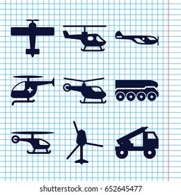 Set of 9 helicopter filled icons such as helicopter, medical helicopter, truck rocket, weapon truck
