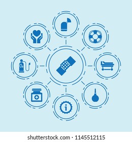 Set of 9 help filled icons such as health insurance, patch, hospital stretcher, medical tool, enema, oxygen, medicine, lifebuoy