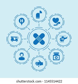 Set of 9 help filled icons such as crane truck, care, patch, helicopter, bllod on hand, customer care, medical tool, hospital location