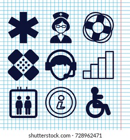 Set of 9 help filled and outline icons such as elevator, disabled, medical sign, operator, bandage, nurse, lifebuoy, stair