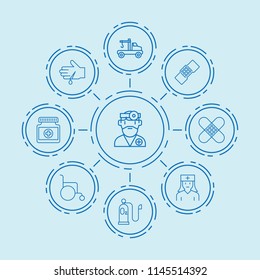 Set of 9 help outline icons such as tow truck, wheelchair, patch, doctor, nurse, bllod on hand, oxygen