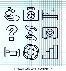 Set of 9 help outline icons such as case with heart, bed, hands holding heart, hand holding heart, medical bed, stair, lifebuoy, question