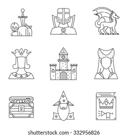Set of 9 high detailed icons of magic kingdom. The dragon, the knight, magic sword and etc. Modern linear style. 